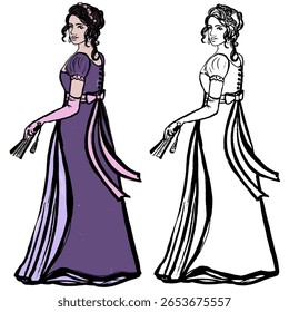 English lady, hand drawn with ink texture. Victorian style. Vector, isolated. 
