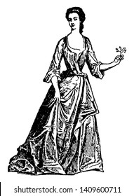 An English lady standing and holding flower in hand, vintage line drawing or engraving illustration