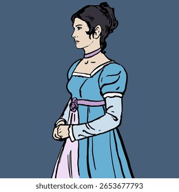 English lady in Victorian style. Hand draw, ink texture. Vector, isolated. 