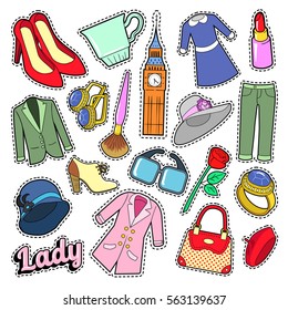 English Lady Woman Fashion Badges, Patches, Stickers with Clothes and Jewelry. Vector Doodle