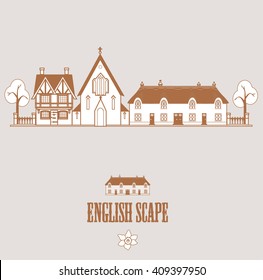 English landscape - a Church, farmhouse and cottage. Vector illustration