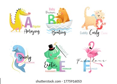 English language Alphabet letters with animals for teaching and studying collection. Elephant, alligator, bear, cat, dolphin and flamingo ABC cartoon. Vector isolated clipart in watercolor style.