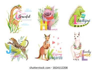 English language Alphabet letters with animals for teaching and studying collection. Giraffe, hippo, iguana, jaguar, kangaroo and llama ABC cartoon. Vector isolated clipart in watercolor style.