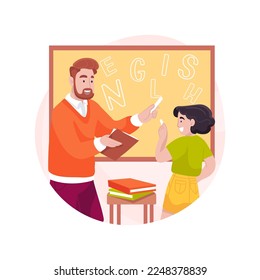 English language arts tutor isolated cartoon vector illustration. English creative writing, language arts teacher, reading comprehension, student and tutor with book in library vector cartoon.