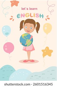 English language book cover with a picture of a girl with a globe.