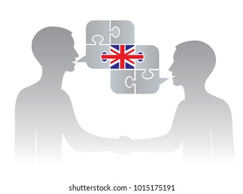 English language of business.
Illustration of two successful businessmen shaking hands on business meeting and speech bubble with Great Britain flag.Vector available.