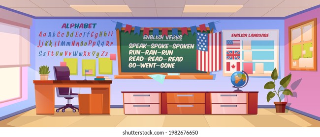 English language classroom interior, empty school or college class stuff blackboard with irregular verbs, Usa Britain, Canada flags, alphabet and textbooks on teacher table Cartoon vector illustration