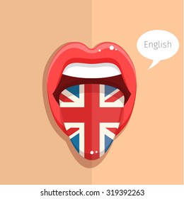 English language concept. English language tongue open mouth with flag of Britain, woman face. Flat design, vector illustration.