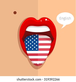 English language concept. English language tongue open mouth with flag of USA, woman face. Flat design, vector illustration.