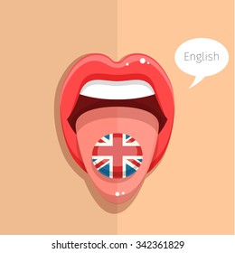 English language concept. English language tongue open mouth with flag of Britain, woman face. Flat design, vector illustration.