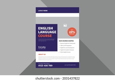 English Language Course Flyer Design Template. Language Learning Course Poster Leaflet Design. A4 Template, Brochure Design, Cover, Flyer, Poster, Print-ready