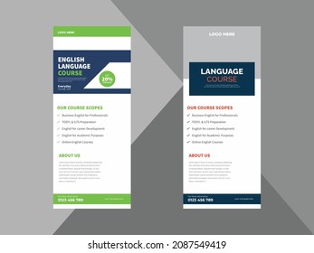 English language course roll up banner design template. language learning course poster leaflet design. cover, roll up banner, poster, print-ready
