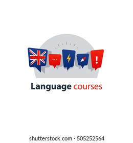 English language courses advertising concept. Fluent speaking foreign language. Advertising concept lingual classes. Flat design vector illustration