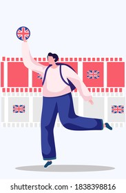 English language courses. Vector illustration with a woman holding Flag of the Great Britain and running forward. Perfect for network advertising or language school. Online education, speaking club