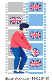 English language courses. Vector illustration with a man standing holding Flag of the Great Britain in hands. Perfect for network advertising or language school. Online education, speaking club