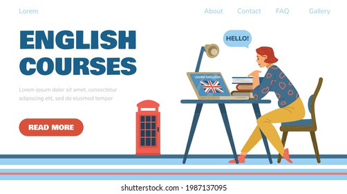 English Language courses web banner with woman sitting at desk and studying. Website interface template for foreign language online learning, flat vector illustration.