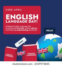 Día del idioma inglés. 23 de abril Día del Idioma Inglés banner de celebración con banderas del Reino Unido, globo terráqueo, iconos de libros y burbuja de discurso de hola y aprender. 