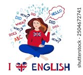 English Language Day. April 23. Holiday concept. Template for background, banner, card, poster with text inscription, dictionary, vocabulary, speaking, reading, writing. United Kingdom flag heart.