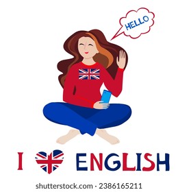  English Language Day. April 23. Holiday concept. Template for background, banner, card, poster with text inscription, dictionary, vocabulary, speaking, reading, writing. United Kingdom flag heart. 