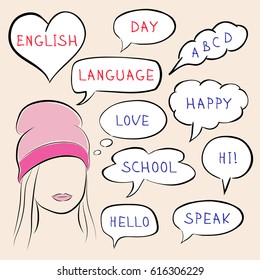 English Language Day theme. Portrait of a beautiful young girl who studies words. Comic speech bubbles around her. Vector illustration for your design.