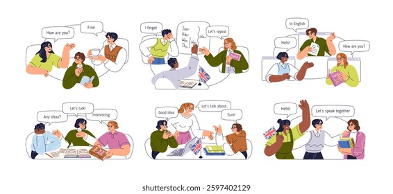 English language education course, class, lesson, speaking club, set. People groups studying, learning, practicing conversation, teaching. Flat vector illustration isolated on white background