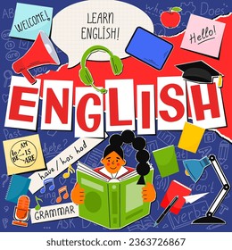 English. English language hand drawn doodle, lettering and stickers. Education vector illustration.