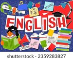English. English language hand drawn doodles, lettering and stickers. Education vector illustration.