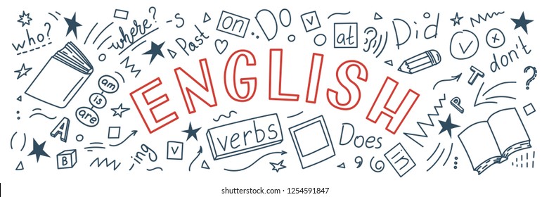 English. Language hand drawn doodles and lettering on white background. Education banner. Vector illustration.