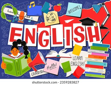 English. English language hand drawn doodles, lettering and stickers. Education vector illustration.