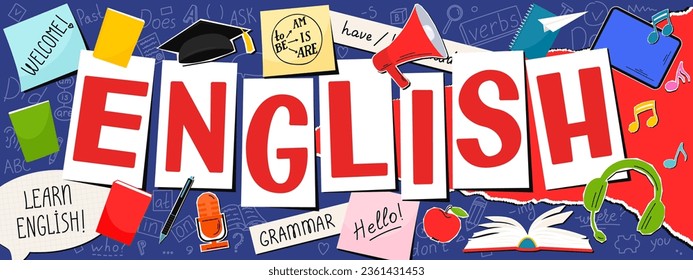 Inglés. Doodles, letras y stickers dibujados a mano en inglés. Cartel de educación lingüística.