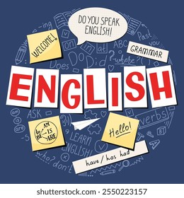 English. English language hand drawn doodles, lettering and stickers. Circle composition.