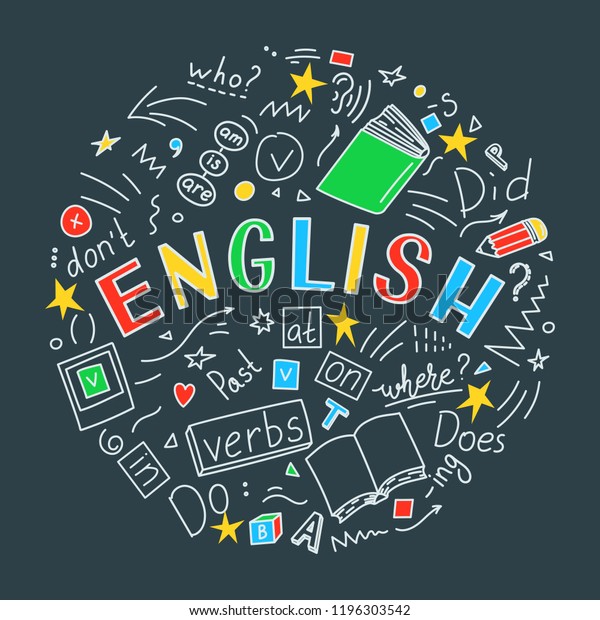English. Language hand drawn doodles and\
lettering. Education vector\
illustration.