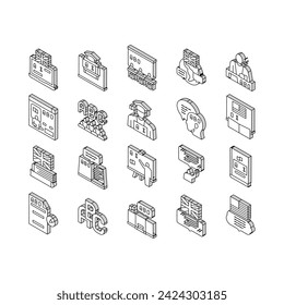 English Language Learn At School isometric icons set. British And American English Student Learning In College, University Or Online Course Line. Dictionary And Alphabet Abc Color