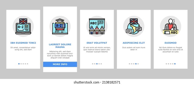 English Language Learn At School Onboarding Mobile App Page Screen Vector. British American English Student Learning In College, University Or Online Course . Dictionary And Alphabet Abc Illustrations