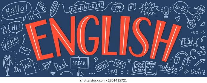English language learning concept with hand-drawn grammar doodles and lettering. Horizontal banner.
