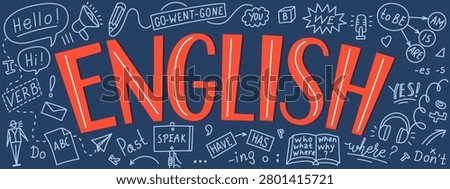 English language learning concept with hand-drawn grammar doodles and lettering. Horizontal banner.