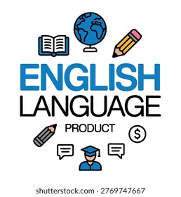 english language learning concept with icons globe book pencil and student minimal vector illustration for education communication product