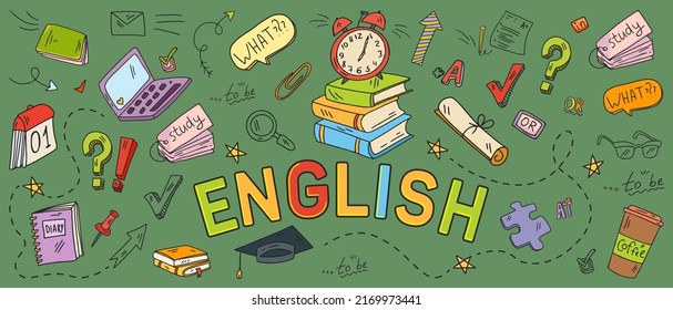 English language learning concept vector illustration. Doodle of foreign language education course for home online training study.