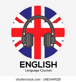 English language learning course concept vector illustration. National flag of Great Britan with headphones. Learning foreign language. Creative english class fluent concept speak test and grammar.