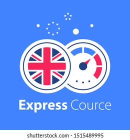 English Language Learning, Express Course, Fast Education, Round British Flag And Speedometer, Next Level Improvement Concept, Easy Training, Vector Icon