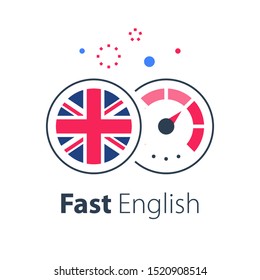 English language learning, express course, fast education, round British flag and speedometer, next level improvement concept, easy training, vector icon