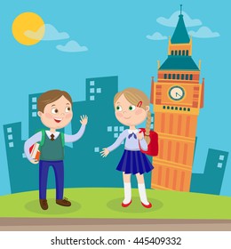 English Language Learning. Happy Children on Vacation in London. Vector illustration