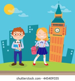 English Language Learning. Happy Children on Vacation in London. Vector illustration