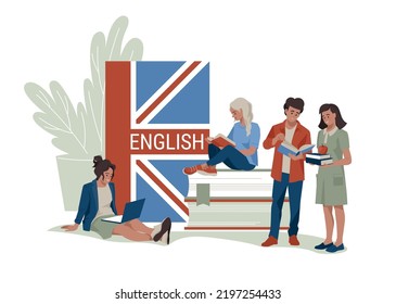 English language learning. Schoolchildren, teenagers among textbooks. The girl is reading a book. Student with a laptop. Vector image.