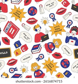 English Language Learning Seamless Pattern. Education hand drawn playful background with cartoon elements book people laptop mouth speech bubbles. Vector illustration