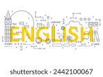 English language learning. Vector illustration for website interface design, abstract  English word with educational items,  learning language. Online English course