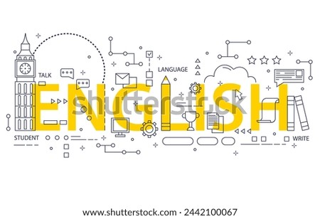 English language learning. Vector illustration for website interface design, abstract  English word with educational items,  learning language. Online English course