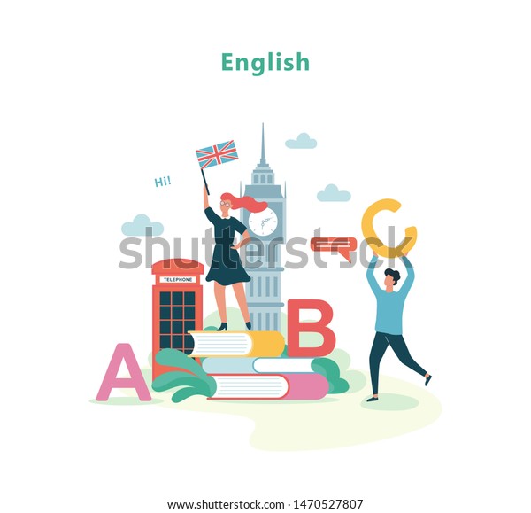 English language lesson in school. Idea of\
education and knowledge. Foreign language class. Isolated vector\
illustration in flat\
style