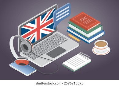 English language lessons. Online language courses concept. Internet class, e learning, distance education, remote school, university. 3d flat isometric vector illustration.