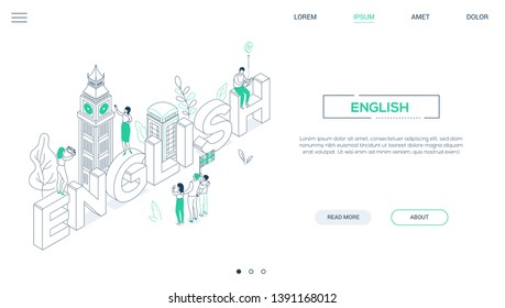 English language - line design style isometric web banner on white background with copy space for text. Header with Big Ben, phone booth, tourists with a map, flag of the UK, taking photos. Education